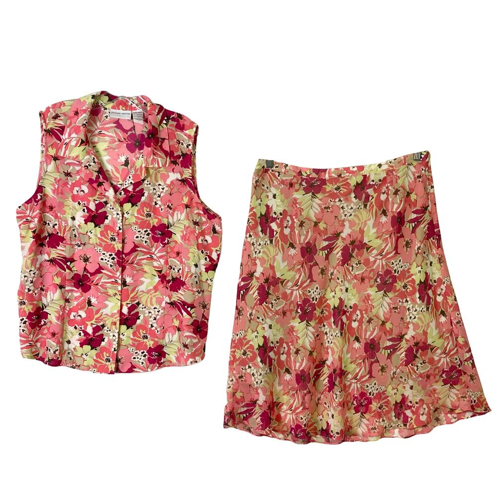 NWOT JACLYN SMITH Set Top Skirt XL Pink Floral Chiffon V-Neck Button-Up A-Line